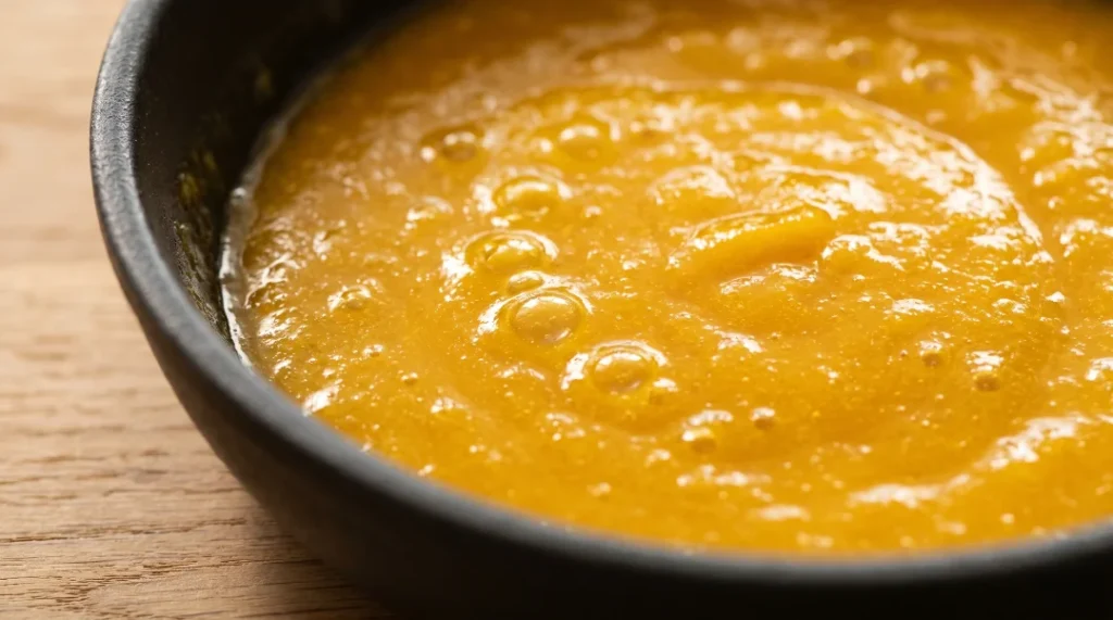 No churn mango ice cream reduction hack showing thick bubbling orange puree in a dark rustic bowl on a light oak wood table.