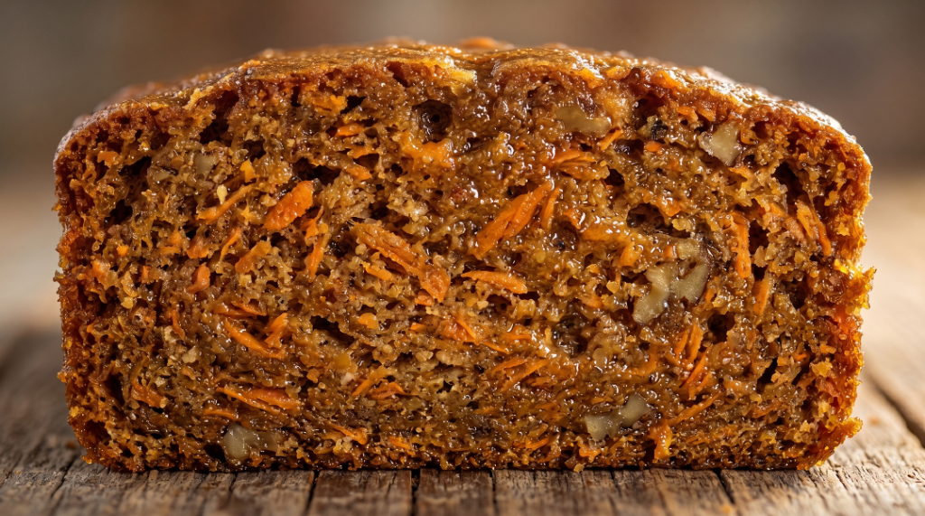 Moist carrot cake recipe ultra close-up cross-section showing a dense, tender crumb with orange carrot shreds on a rustic wooden background.