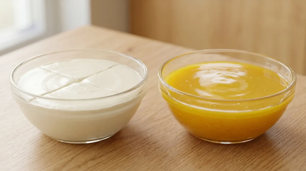 No bake mango cheesecake for beginners showing a comparison of set white cream and unset mango puree in glass bowls on a light oak wood table.
