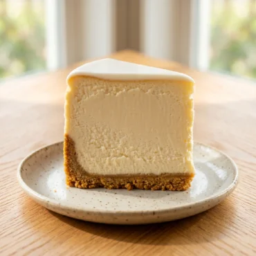New york cheesecake recipe perfectly sliced showing a towering creamy center, graham cracker crust, and white sour cream topping on a speckled ceramic plate.