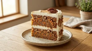 Moist carrot cake recipe final slice on a speckled plate showing thick frosting and tender crumb on a light oak wood table.