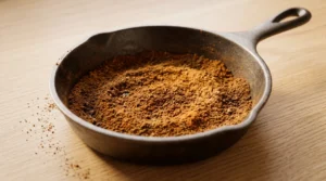 Carrot cake from scratch spice toasting step showing cinnamon, ginger, nutmeg, and cloves in a small cast iron skillet on a light oak wood table.