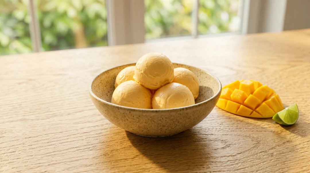Mango ice cream recipe hero header showing scoops in a speckled bowl with fresh scored mango and a lime wedge on an oak table.