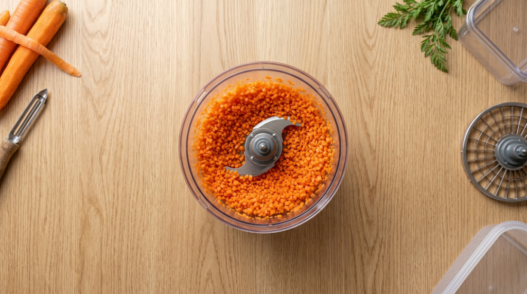 Best carrot cake recipe uniform carrot shreds in a food processor bowl on a light oak wood table with whole carrots and a peeler.