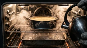 New york cheesecake water bath baking step showing a kettle pouring boiling water into a metal pan on the lower oven rack below the cake.