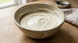 Creamy mango cheesecake preparation showing soft peaks of whipped cream with vanilla bean specks in a rustic bowl on a light oak wood table.