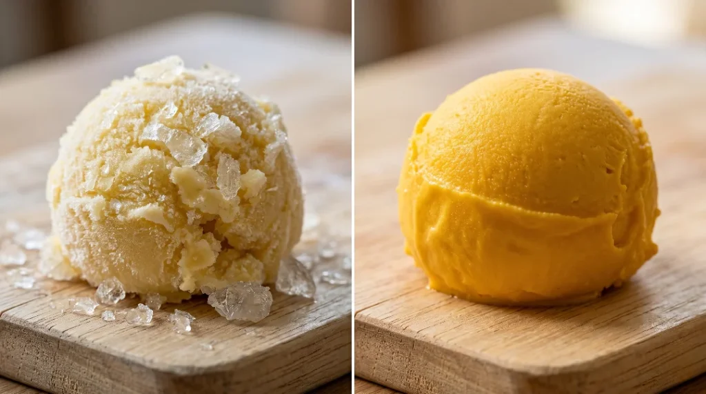No churn mango ice cream comparison showing a pale icy scoop next to a vibrant smooth creamy scoop on a light oak wood board.