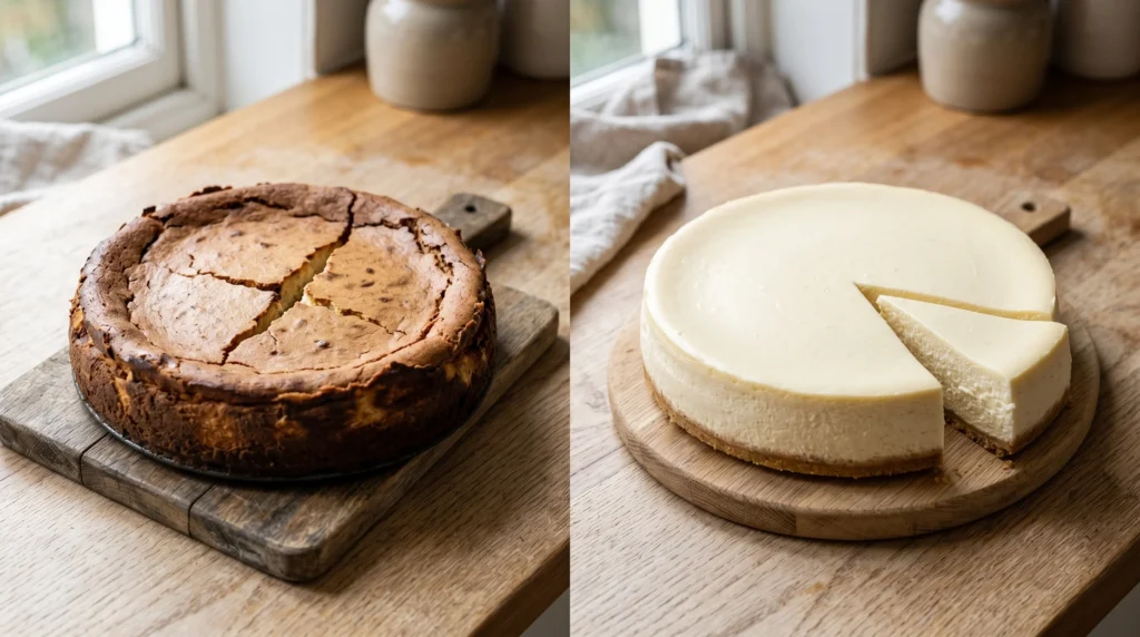 No crack new york cheesecake comparison showing a split screen of a dark cracked cake next to a perfectly smooth baked cake.