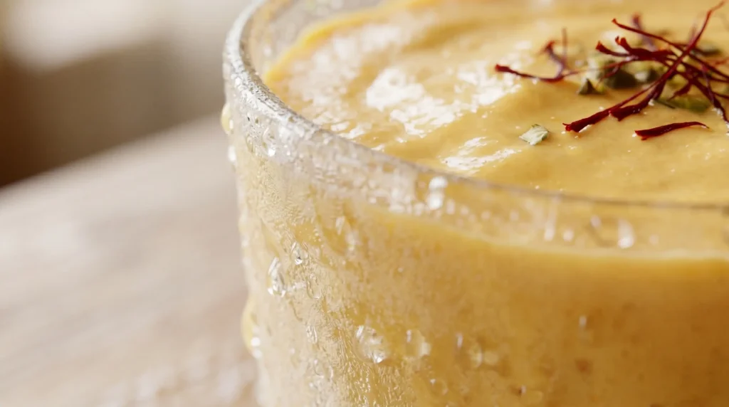Close up of a frosty glass showing the best mango lassi recipe texture garnished with saffron on a light oak wood table.