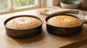 Two golden baked rounds in pans for a funfetti layer cake on a light oak wood table.