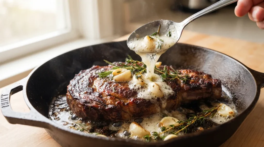 To make the best garlic butter pan seared steak recipe, a hot skillet sits by a bright natural window. A spoon pours foaming butter with fresh garlic and herbs over the thick meat. This quick trick shows the easy way to baste. We use a spoon here to show the perfect crust technique. Basting adds rich flavor and gives the best result every single time. Cook it hot for an amazing dinner tonight!!!!!