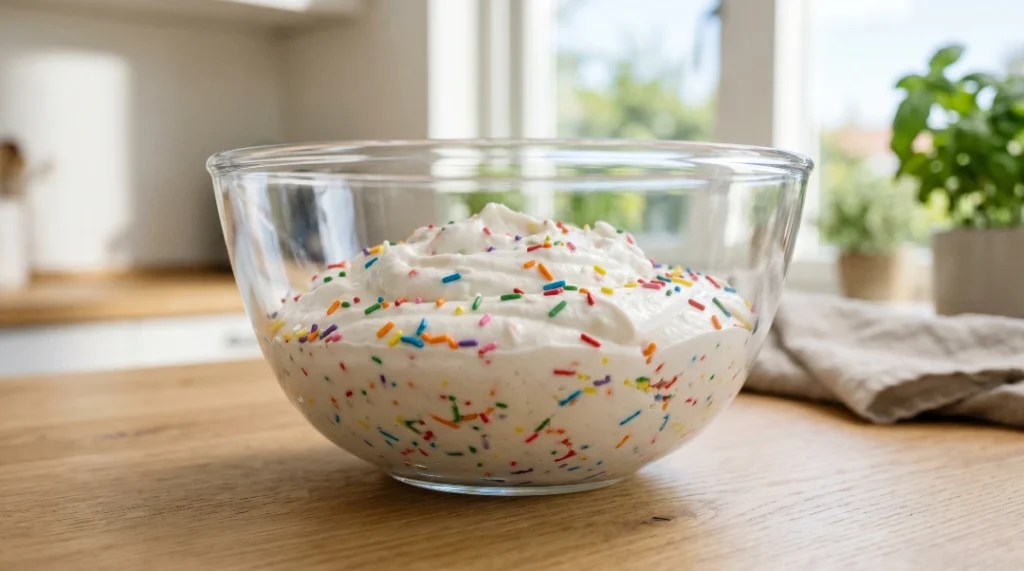 Thick batter with bright jimmies in a clear glass bowl for a funfetti sheet cake on a light oak wood table.