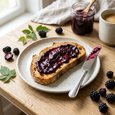 To show the best blackberry jam recipe, a thick slice of toasted bread with deep purple fruit spread sits on a light oak wood table. Bright natural window light highlights fresh berries and a glass jar. We bend the zero utensils rule for a silver knife here to show the perfect serving. This beautiful breakfast setup is the quick and easy way to enjoy a sweet morning treat with your family.