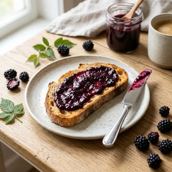 To show the best blackberry jam recipe, a thick slice of toasted bread with deep purple fruit spread sits on a light oak wood table. Bright natural window light highlights fresh berries and a glass jar. We bend the zero utensils rule for a silver knife here to show the perfect serving. This beautiful breakfast setup is the quick and easy way to enjoy a sweet morning treat with your family.