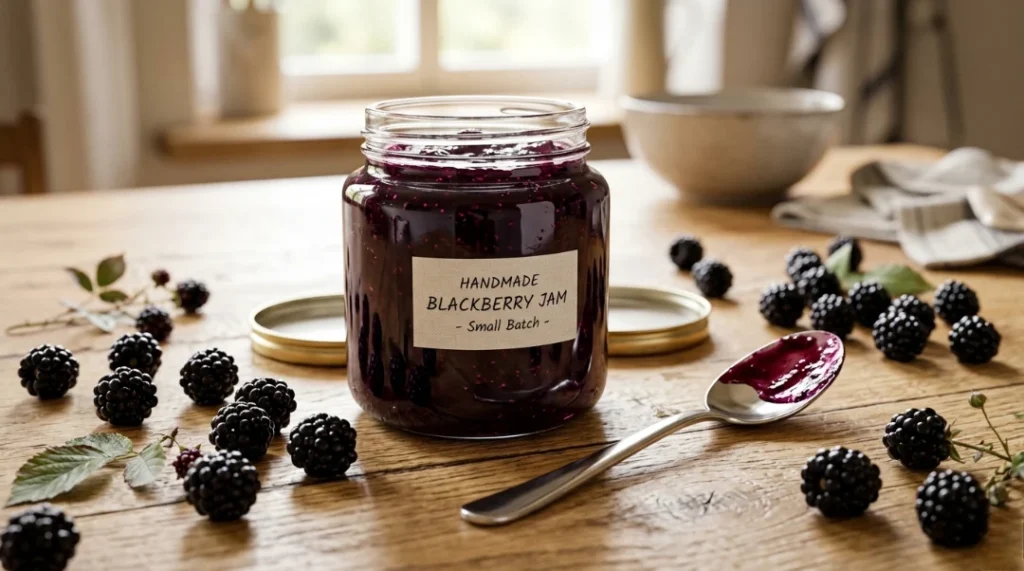 To show why this is the best blackberry jam recipe, a handmade labelled jar sits on a light oak wood table. Bright natural window light highlights fresh berries and a silver spoon. We bend the strictly zero utensils rule here for a silver spoon to show the perfect texture. This clean shot is the quick and easy way to finish your project. It shows the quality you get when you make small batches at home for family!!!!