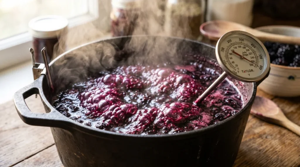 To make the best blackberry jam recipe without pectin, deep purple fruit boils in a heavy black pot on a light oak wood table. Bright natural window light highlights the steam and hot bubbles. We bend the strictly zero utensils rule here for a candy thermometer clipped to the pot. This clearly shows the vital step to track the exact heat. Cooking to the right level is the easy way to get a perfect set without adding extra ingredients. Check it closely for the best results every single time!