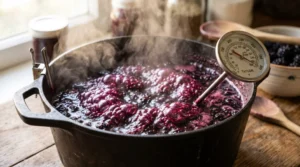 To make the best blackberry jam recipe without pectin, deep purple fruit boils in a heavy black pot on a light oak wood table. Bright natural window light highlights the steam and hot bubbles. We bend the strictly zero utensils rule here for a candy thermometer clipped to the pot. This clearly shows the vital step to track the exact heat. Cooking to the right level is the easy way to get a perfect set without adding extra ingredients. Check it closely for the best results every single time!
