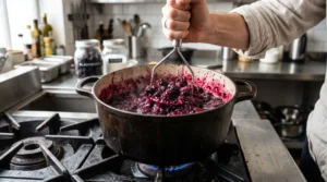 To make the best blackberry jam recipe with lemon juice, a hand uses a potato masher to crush dark fruit in a heavy pot on a hot stove. Bright natural window light highlights the deep purple juices releasing as it cooks. We bend the zero utensils rule here to show this vital prep step. Adding acid before heating is the quick and easy way to balance the sweet flavor. Simmer it perfectly now