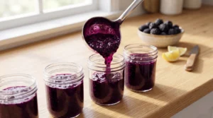 To make the best blackberry refrigerator jam recipe, a metal ladle pours hot deep purple fruit into clear glass jars. It sits on a light oak wood table in bright natural window light. We bend the strictly zero utensils rule here to clearly show this vital filling step. Leave space at the top and let it cool completely before sealing. This is the quick and easy way to store your sweet food for the whole family today!