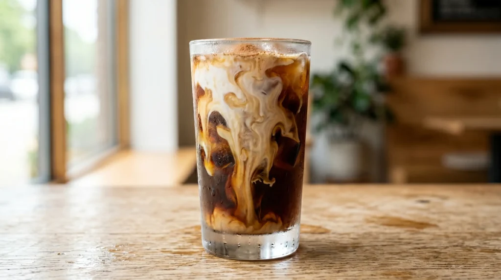 A tall glass showing an iced coffee with milk swirling over frozen cubes on a light oak wood table.