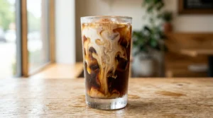 A tall glass showing an iced coffee with milk swirling over frozen cubes on a light oak wood table.