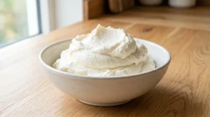 Pale and fluffy beaten butter in a bowl for a funfetti cake frosting recipe on a light oak wood table.