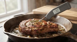 For the perfect pan seared steak temperature guide, a hot skillet sits by a bright natural window. A thermometer checks the thick meat. We use this tool to show a quick and easy trick for the best cook. Pull it from the heat early because it keeps cooking while resting. This easy method helps you get the best texture and avoid overcooking. Follow this setup to enjoy a perfect dinner every time!!!!