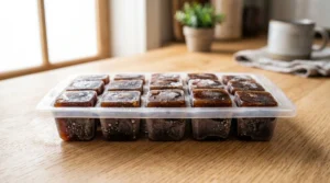 Prep for an easy iced coffee recipe showing frozen coffee cubes in a plastic tray on a light oak wood table