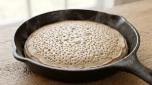 For the best fluffy pancake recipe, a hot skillet sits on a light oak wood table in bright natural window light. The thick batter cooks and shows bubbles on top. This strictly no utensils setup is the easy and quick way to see when to flip. Wait for the edges to set and flip only once. Never press the batter down to keep it thick and soft. This clean setup gives perfect results every single time!!