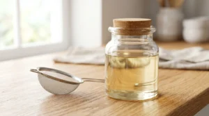 Fresh lemonade recipe clear simple syrup in a glass jar next to a mesh sieve on a light oak wood table.