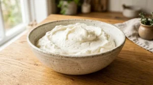Creamed butter and sugar in a bowl for a moist funfetti cake recipe on a light oak wood table.