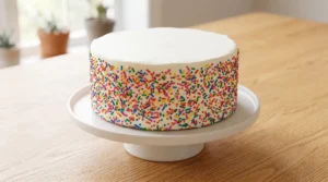 A frosted and decorated bakery style funfetti cake on a stand on a light oak wood table.