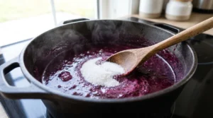 To make the best easy blackberry jam recipe, white sugar is stirred into a deep purple puree in a heavy black pot. It sits on a hot stove near a light oak wood table. Bright natural window light highlights the rising steam and sweet bubbles. We bend the strictly zero utensils rule for a wooden spoon to clearly show this vital step. Dissolve the sugar gently on low heat first to prevent any scorching. This is the quick and easy way to ensure a perfect sweet batch for your family today!