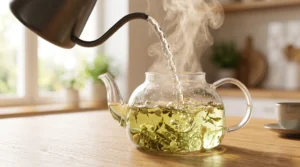 To show the best easy jasmine milk tea recipe, hot water pours from a black kettle into a clear glass teapot filled with green leaves. It sits on a light oak wood table. Bright natural window light highlights the rising steam and fresh brew. We bend the zero utensils rule for a kettle to clearly show this vital pouring step. Time it right to prevent a bitter taste for your happy family today