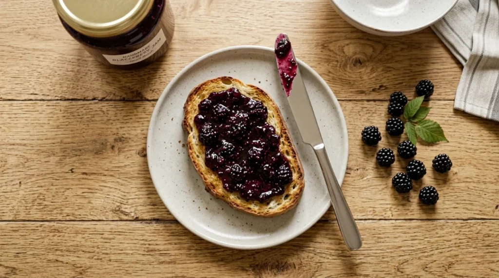 To show the best easy seedless blackberry jam, a toasted slice with dark purple fruit sits on a ceramic plate. It rests on a light oak wood table. Bright natural window light highlights fresh berries and the jar nearby. We bend the strictly zero utensils rule for a silver knife here to show the perfect spread. This clean flat lay is the quick and easy way to present a premium morning treat to your happy family today