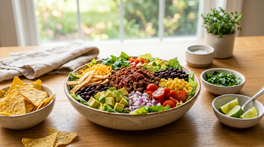 To show the easy taco salad recipe, a large ceramic bowl sits on a light oak wood table. Bright natural window light highlights the fresh lettuce, beef, corn, beans, and cheese. Extra chips and limes rest in small side bowls. We bend the strictly zero utensils rule for a small prep spoon here. This clean presentation is the quick and easy way to serve a perfect dinner for your family tonight