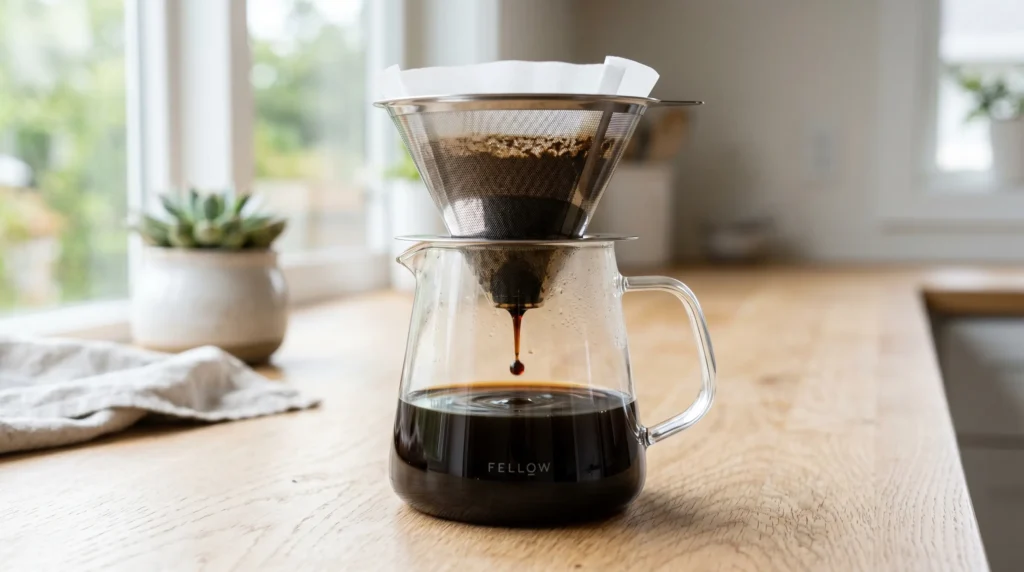 Dark cold brew dripping into a glass pitcher for the best homemade iced coffee on a light oak wood table.