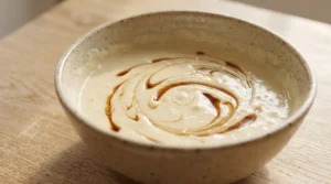 Batter with dark extract swirls in a bowl for a vanilla funfetti cake on a light oak wood table.