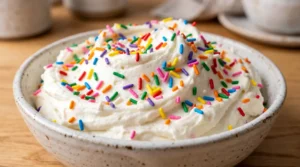 Fluffy frosting with bright jimmies in a bowl for a funfetti birthday cake on a light oak wood table.