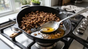 To make the best healthy taco salad recipe, brown meat sits in a hot skillet on the stove. Bright natural window light highlights the rendered fat being removed with a spoon. We bend the zero utensils rule to show this quick trick. Draining the pan is the easy way to keep your fresh greens crisp. This step stops the leaves from getting soft. Follow this easy setup for the best dinner results