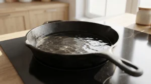 For the best cast iron pan seared steak recipe, a black skillet sits on a stove in bright natural window light. This strictly no utensils setup shows the easy and quick way to prep the pan. Heat it for a few minutes until it is very hot. Add oil and wait for it to shimmer like water. This trick is the best way to build a thick crust. Follow this step to get a perfectly cooked meal every time!!!!!!