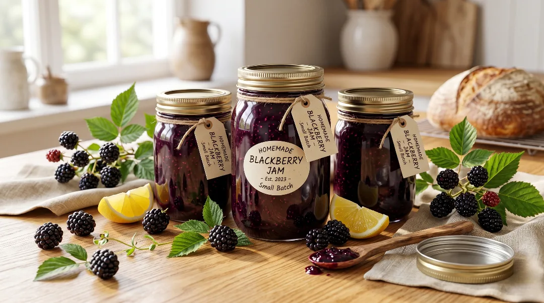 To show the best homemade blackberry jam recipe, three labeled glass jars sit on a light oak wood table. Bright natural window light highlights the deep purple fruit, green leaves, and fresh lemons. We bend the strictly zero utensils rule for a rustic wooden spoon here. This wide shot is perfect for your recipe card. It shows the quick and easy way to store your sweet food for the whole family