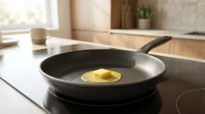 Learning how to make fluffy pancakes is easy with the best prep. A clean black skillet sits on a stove with melting butter. Bright natural window light highlights the quick sizzle. This strictly no utensils setup shows the best temperature trick. Always preheat your pan on medium heat and do a quick water test before starting. A hot pan is the easy secret for perfect golden brown edges every time!!