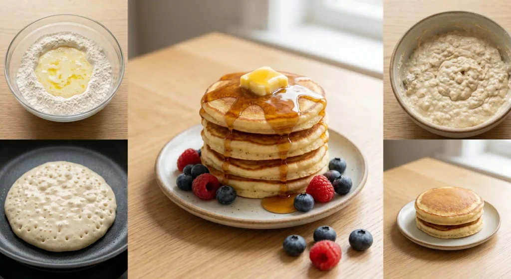 Learning how to make fluffy pancakes is easy with this step-by-step visual guide. A collage shows mixing batter, cooking with bubbles on a hot pan, and a final tall stack with syrup and berries on a light oak wood table. Bright natural window light highlights every step. This strictly no utensils setup is the best and quick way to see the whole cooking process. Follow this for thick results today!!