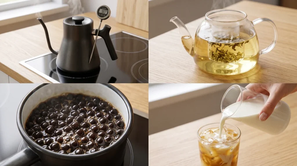 To show how to make jasmine milk tea, this collage features a kettle, steeping tea, boiling boba pearls, and pouring milk over ice. They are set on a light oak wood table in bright natural window light. We bend our zero utensils rule here for a thermometer, a pitcher, and a hand pouring milk to clearly show these vital steps. This quick and easy guide is the perfect way to master your batch for your Viral Food Hacks fans.