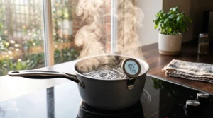 To show how to make jasmine milk tea, water boils in a saucepan on a black stove. Bright natural window light highlights the rising steam. We bend the strictly zero utensils rule here for a thermometer to clearly show this vital heating step. Hitting the exact temperature is the quick and easy way to prevent bitter flavors. Serve a perfect sweet drink to your happy family today