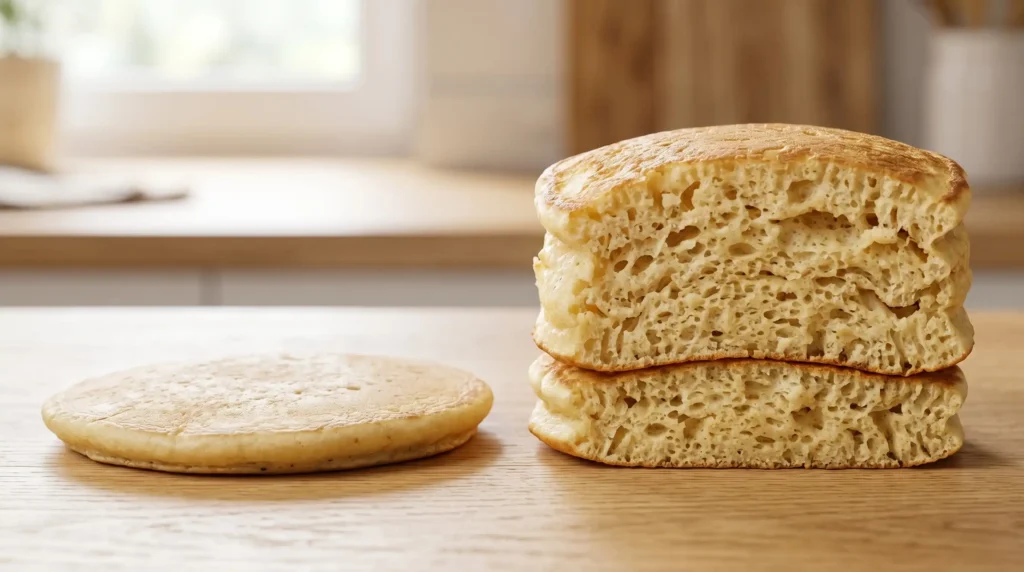 To learn how to make thick fluffy pancakes, look at this side-by-side view. It shows a flat pancake next to a thick stack on a light oak wood table. Bright natural window light highlights the soft crumb. This strictly no utensils setup is the best way to show the easy and quick science behind a perfect rise. Avoid overmixing to keep the high and thick texture. Fix your flat results and enjoy it!!!