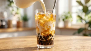 To show the best iced jasmine milk tea recipe, cold milk pours into a glass with ice and chewy boba pearls. It sits on a light oak wood table. Bright natural window light highlights the beautiful layers. We bend the strictly zero utensils rule here for a metal straw to show the final assembly step. Building your drink with layers is the quick and easy way to create a premium cafe-style treat at home for your happy family today.