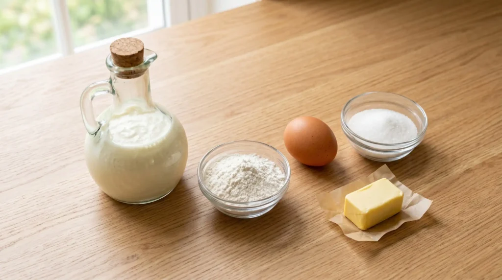 To make the best fluffy buttermilk pancake recipe, gather all items. A glass jug of buttermilk, an egg, flour, sugar, and butter sit on a light oak wood table. Bright natural window light shows the fresh items. This strictly no utensils setup is the easy and quick start for your morning meal. Using the right wet and dry mix gives the best thick results every single time. Prepare to enjoy it