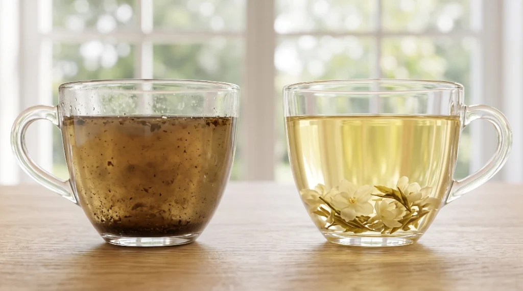 To show how to stop bitterness in a jasmine green milk tea recipe, a side-by-side comparison shows a dark bitter cup vs a clear fragrant cup. They sit on a light oak wood table. Bright natural window light highlights the texture. We follow the strictly zero utensils rule here for a clean look. Understanding the brewing time is the quick and easy way to get the best taste for your Viral Food Hacks fans today.